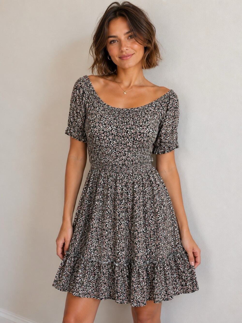 Gilli Dress Womens M Cottage Core Floral Off Shoulder Tie Waist Knee Length